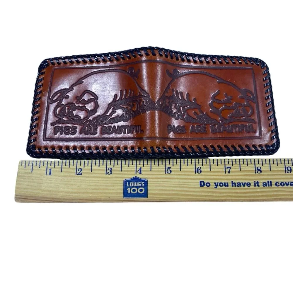 Vtg 1970 Hand Tooled Leather Bifold Wallet Pigs Are Beautiful Whipstitch Western